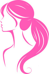 Elegant silhouette of a woman with long, flowing pink hair in a ponytail, facing left, embodying beauty and grace, in a minimalist, vector art style, suitable for beauty and fashion concepts