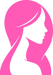 Elegant silhouette of a woman's profile in vibrant pink, with flowing hair cascading down, representing beauty, grace, and modern minimalist design, perfect for feminine branding and fashion