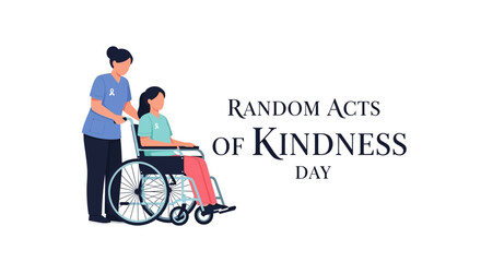 Fototapeta premium Illustration of a person helping another in a wheelchair on Random Acts of Kindness Day with a contagious smile