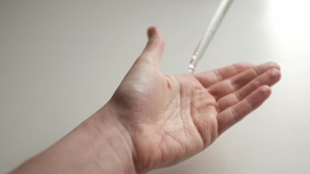 A person uses a glass dropper to apply a clear liquid serum onto their palm and proceeds to rub the product into their hands and wrists.