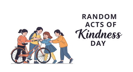 Obraz premium People performing random acts of kindness, helping each other with a bicycle on Random Acts of Kindness Day.