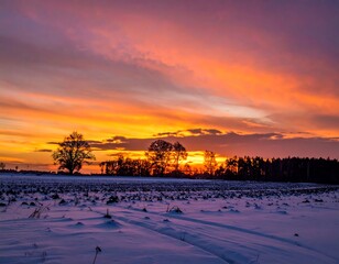 A serene winter landscape at sunset with snow-covered ground and trees