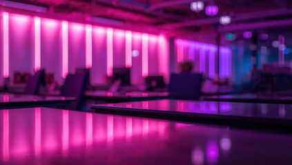 A hazy modern office interior features colorful neon-lit computer desks, promoting an inspiring and productive environment