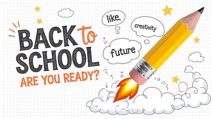 Back To School Banner With Rocket Pencil And Clouds
