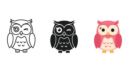 Fototapeta premium Three cartoon owls in different stages of illustration