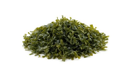 Isolated strips of dried seaweed on white background. Nutritious ingredient for Asian cooking