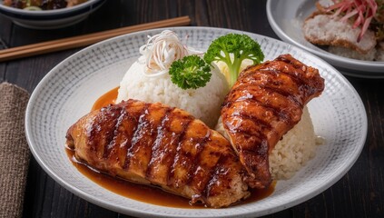 Japanese-inspired meal: grilled teriyaki chicken with rice and tonkatsu don, presented in a studio setting. Juicy chicken in teriyaki sauce, styled simply