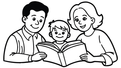 Black and white line of parents and child reading a book together