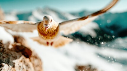 Fototapeta premium An ethereal moment captured as a bird takes flight against a stunning backdrop of mountains, illustrating the raw beauty and freedom of nature in its purest form.