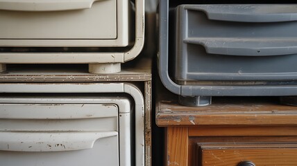 Obraz premium Stack of old drawers and cabinets, showing wear and tear, symbolizing storage and forgotten items.