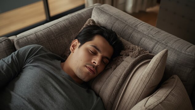 Latino man resting on a couch inside, surrounded by comfy pillows, representing casual home leisure