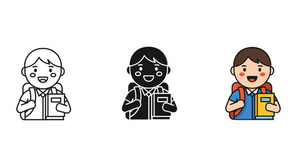 Cartoon school children holding books in different styles