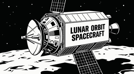 lunar orbit spacecraft spaceship circling moon surface black and white above planet horizon within galaxy universe showing cosmic exploration mission rocket technology © Ethan
