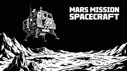 mars mission spacecraft spaceship approaching black and white vector planet surface from orbit within galaxy universe surrounded by stars showing cosmic exploration rocket propulsion technology © Ethan