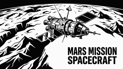 mars mission spacecraft spaceship approaching black and white vector planet surface from orbit within galaxy universe surrounded by stars showing cosmic exploration rocket propulsion technology © Ethan