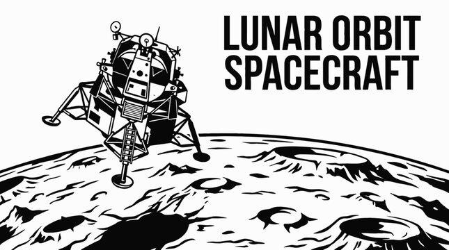 lunar orbit spacecraft spaceship circling moon surface black and white above planet horizon within galaxy universe showing cosmic exploration mission rocket technology