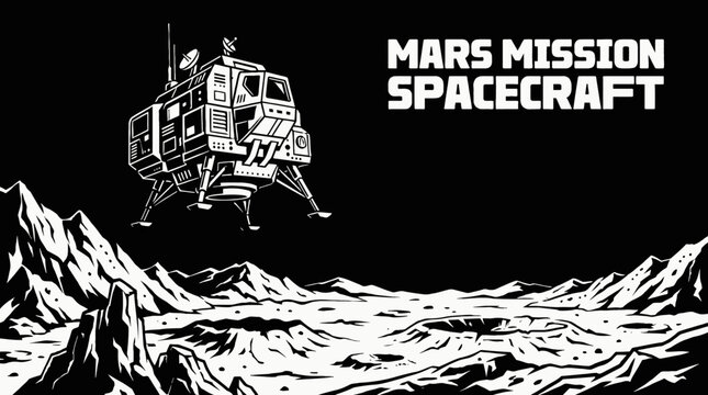 mars mission spacecraft spaceship approaching black and white vector planet surface from orbit within galaxy universe surrounded by stars showing cosmic exploration rocket propulsion technology