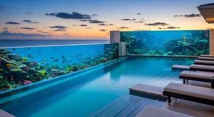 Fototapeta premium Luxurious oceanfront pool with an underwater coral reef view at sunset