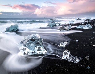 Obraz premium A serene seascape with crystal-clear ice chunks on a black sand beach