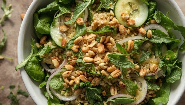 Heated freekeh salad with cucumber, arugula, onion, pine nuts, and tahini lemon dressing. Space for text. Healthy eating idea