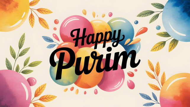 Vibrant happy purim celebration background with colorful eggs and leaves