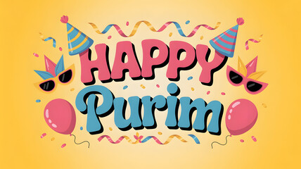 Vibrant happy purim celebration graphic with confetti and balloons