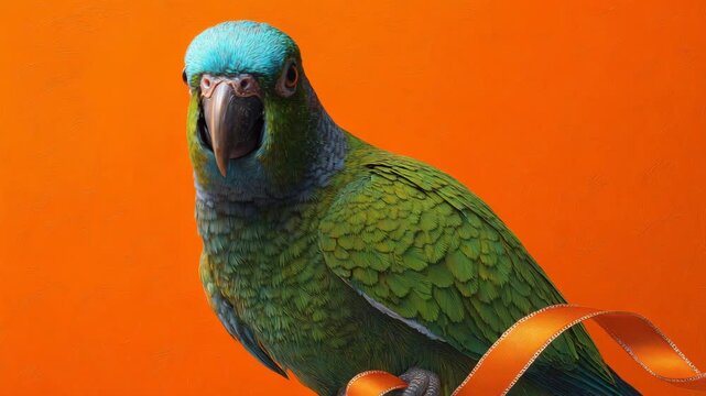 Green Parrot with Blue Head and Orange Ribbon Stock Video Footage