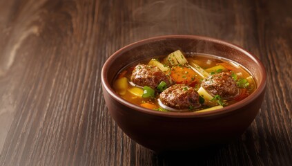 Hearty vegetable and meatball soup served in a bowl on a dark wood table. A delicious rustic meal ideal for lunch or dinner