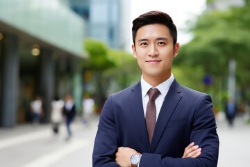 Asian businessman smiling and standing with crossed arms in an urban environment