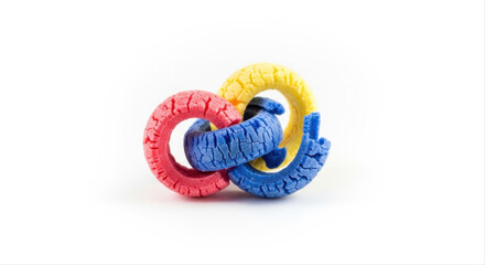 Colorful decorative wax curls intertwined and isolated on a white background, showcasing vibrant red, yellow, and blue hues with a textured surface