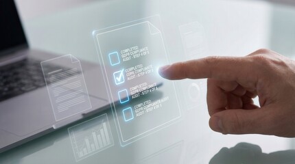 Human hand marking a completed GDPR compliance audit checklist on a futuristic glowing digital interface for data protection and security concept.