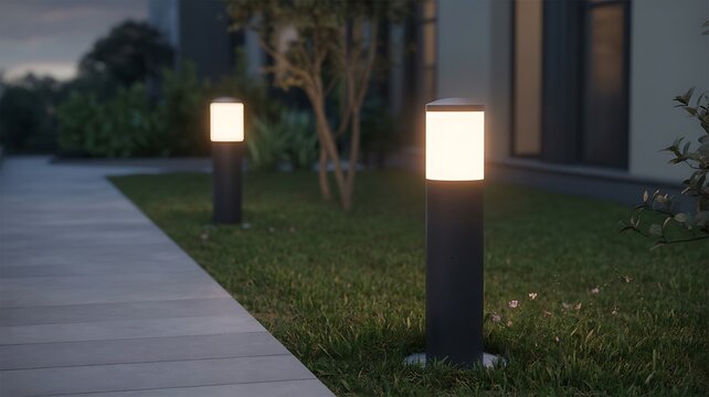 Garden path lit by modern bollard lights at twilight, tranquil outdoor ambiance, residential landscape