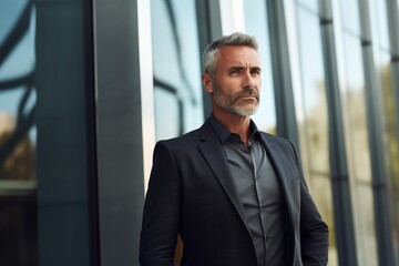 Fototapeta premium Confident mature businessman with gray hair and beard posing in front of a modern glass building