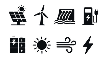 Renewable energy and electricity monochrome icons set