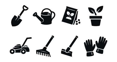 Fototapeta premium Gardening tools silhouette icons set