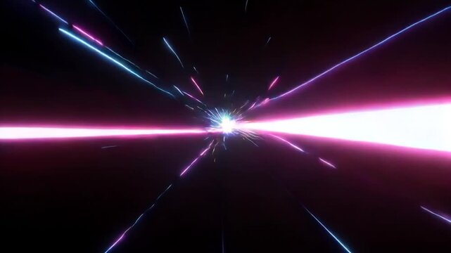 Vibrant neon light burst with colorful laser rays on a black background for an abstract technology concept and energy acceleration