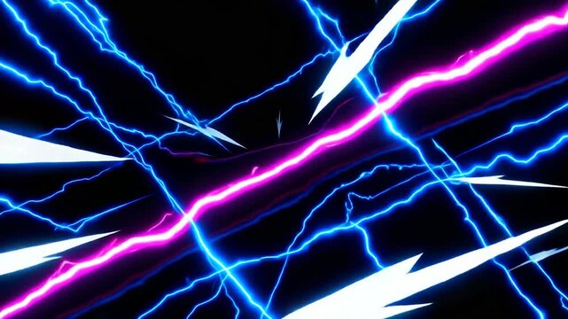 Abstract blue and pink lightning bolts bursting on a dark background for energetic power concept and high-tech digital network animation