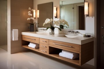 Plakat Contemporary bathroom with a wooden floating double vanity, white sinks, and orchid decorations