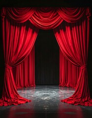 A stage with open red curtains and a spotlight