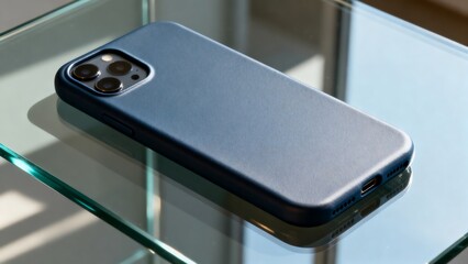 Blue smartphone case with triple camera design resting on a transparent glass table