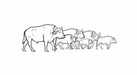 Obraz premium A herd of water buffaloes depicted in a linear black and white illustration
