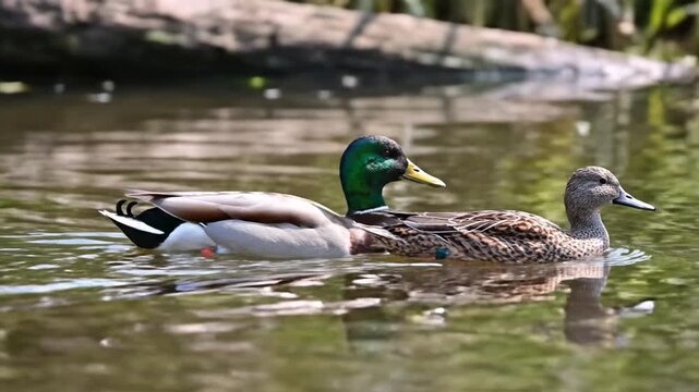 Male and female mallard ducks swimming peacefully on a pond