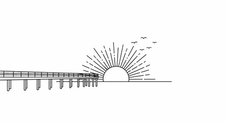 A minimalist line drawing of a pier leading to a sunburst over the ocean with birds