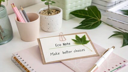 Fototapeta premium Eco-Friendly Workspace with Notepad and Plant Promoting Sustainable Choices and Mindful Living