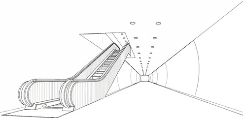 A minimalist, stark line drawing of a modern escalator descending into a vanishing point tunnel
