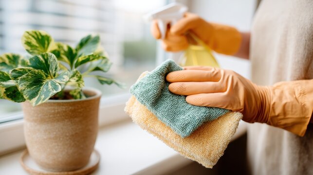 A hand in rubber gloves holds cleaning cloths and a spray bottle, ready for home cleaning tasks that signify cleanliness, productivity, and mindful living.