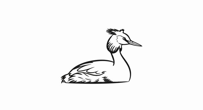 A simple black and white drawing of a grebe bird with a distinctive crest