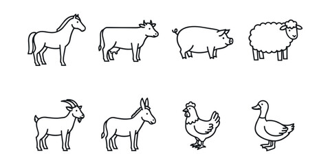 Obraz premium Farm animals line icons set
