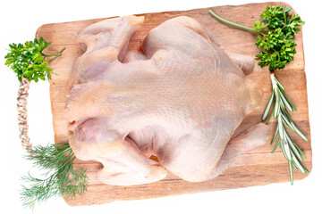 Fresh raw chicken meat with herbs and spices on a wooden kitchen board, macro. © Oleksandr