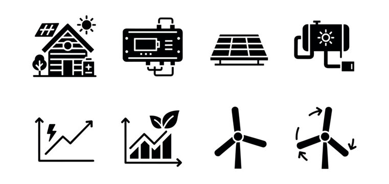 Renewable energy and sustainability monocolor icons set